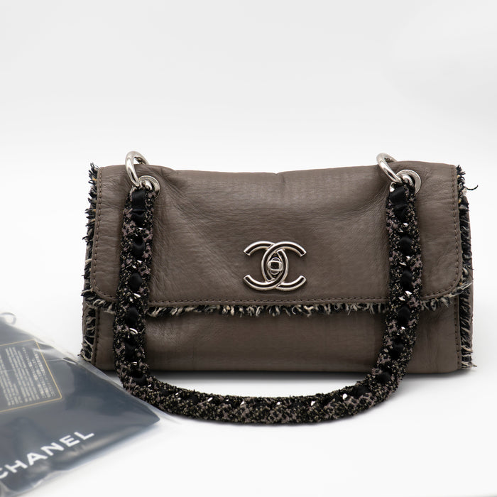 CHANEL Limited Edition Taupe Leather and Tweed Single Flap Bag SHW