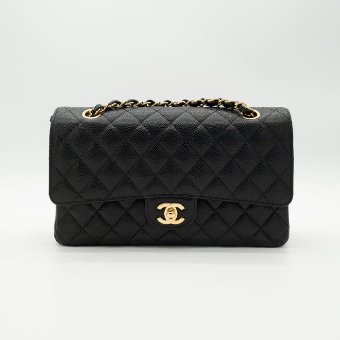 CHANEL Medium Classic Flap Black Caviar Gold Hardware Full Set