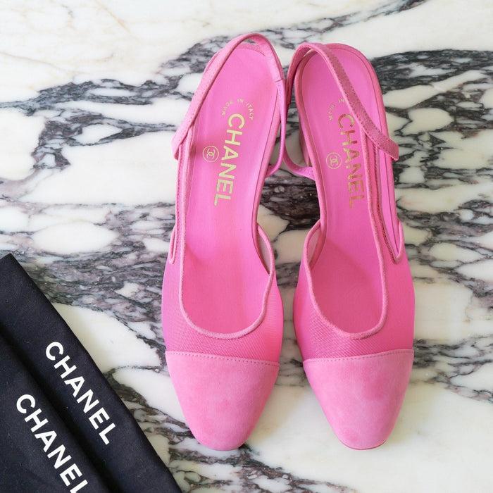 CHANEL Pink Mesh with Suede Cap Toe Slingback Pumps EU 36