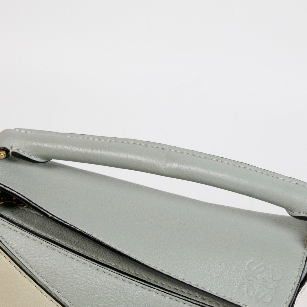 Loewe Mini Puzzle Leather Shoulder Bag White/Ash Grey/Marble Green