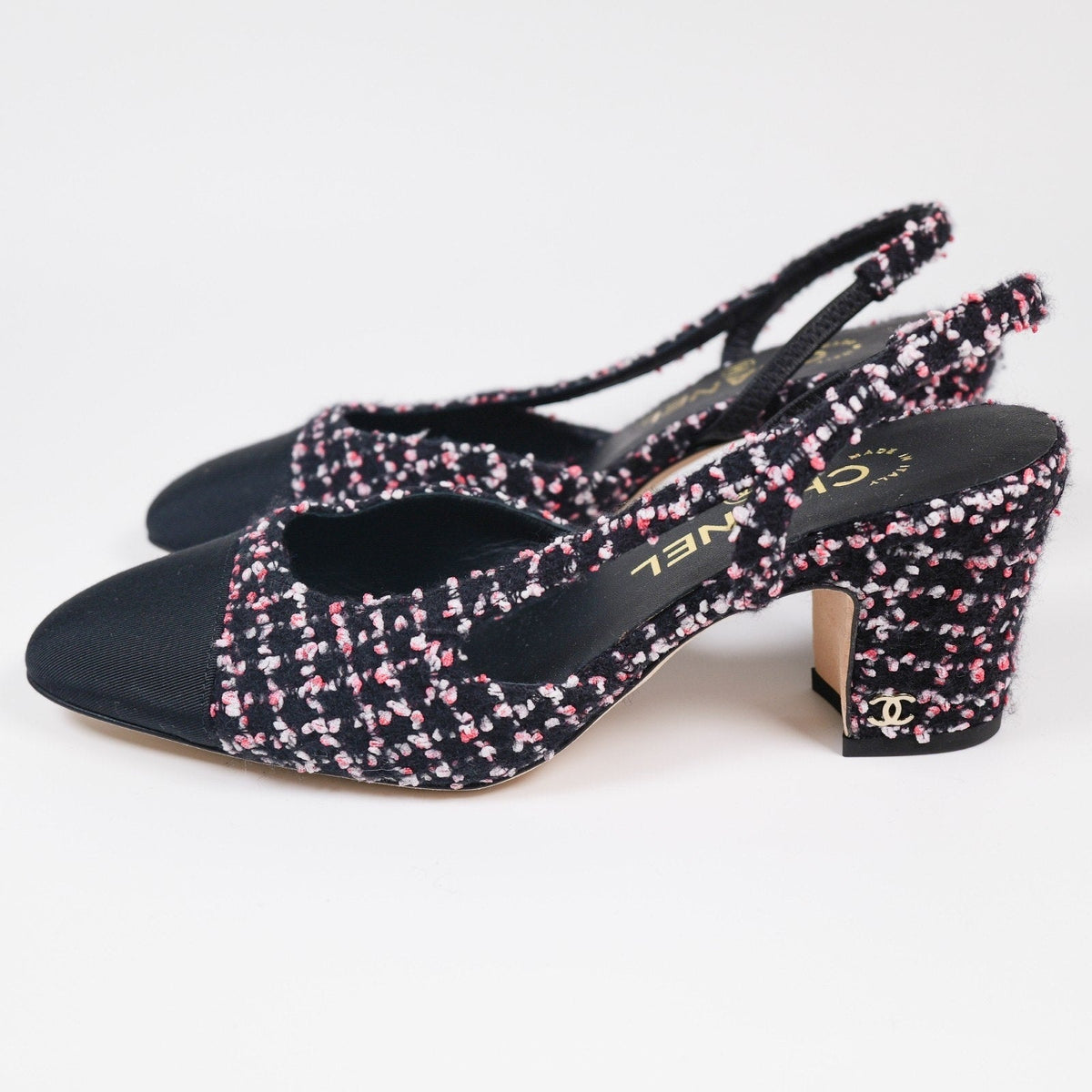 Chanel Pink/Black/White Tweed Grosgrain Cap Toe Slingback Pumps Size 36