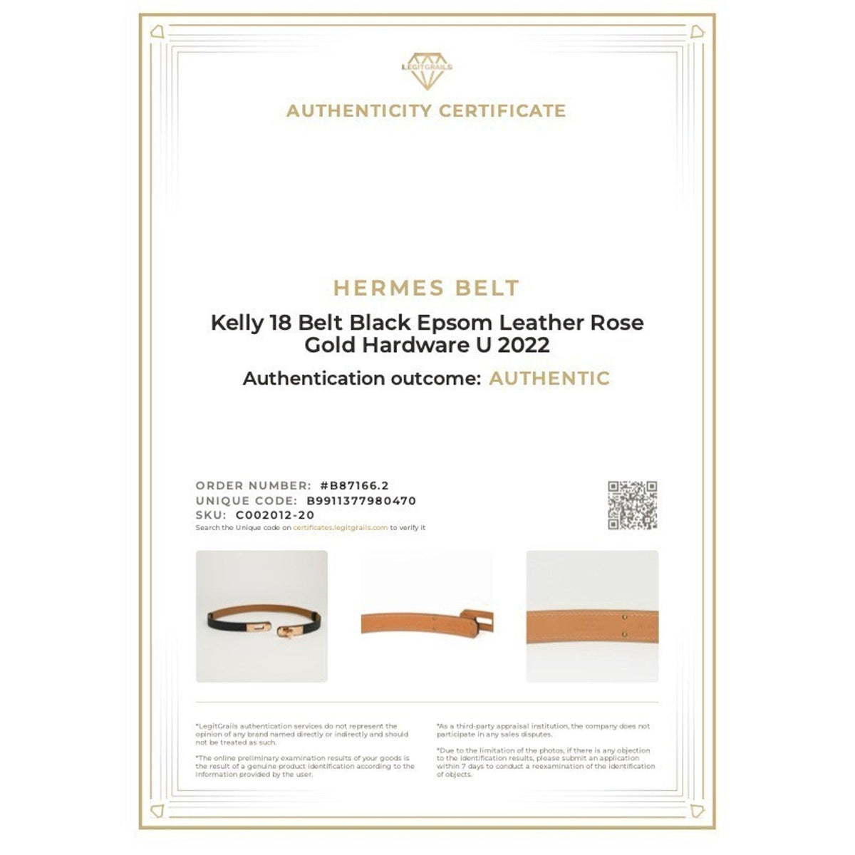 Hermès Kelly 18 Belt Black Epsom Leather Rose Gold Hardware U 2022