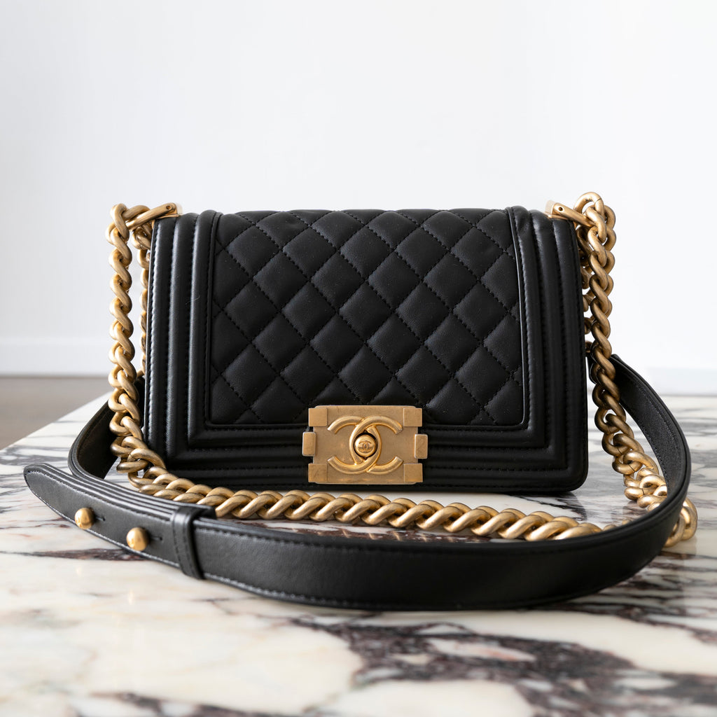 CHANEL Black Quilted Lambskin Small Boy Flap Bag with Aged Gold Hardware A67085