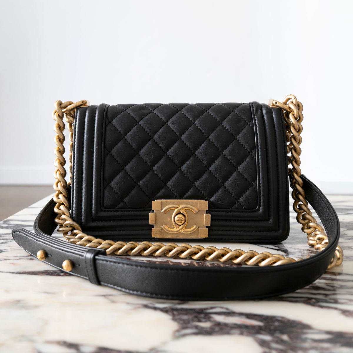 CHANEL Black Quilted Lambskin Small Boy Flap Bag with Aged Gold Hardware A67085