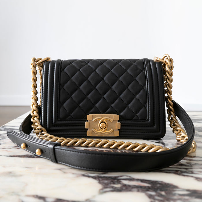 CHANEL Black Quilted Lambskin Small Boy Flap Bag with Aged Gold Hardware A67085