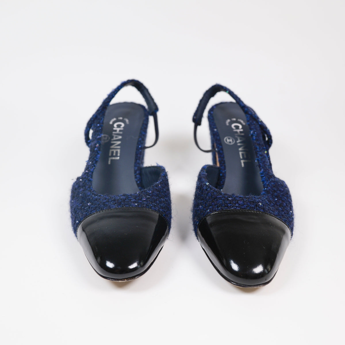 Chanel Navy Sequin Tweed Patent Cap Toe Slingback Pumps Size 36