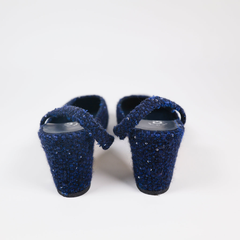 Chanel Navy Sequin Tweed Patent Cap Toe Slingback Pumps Size 36