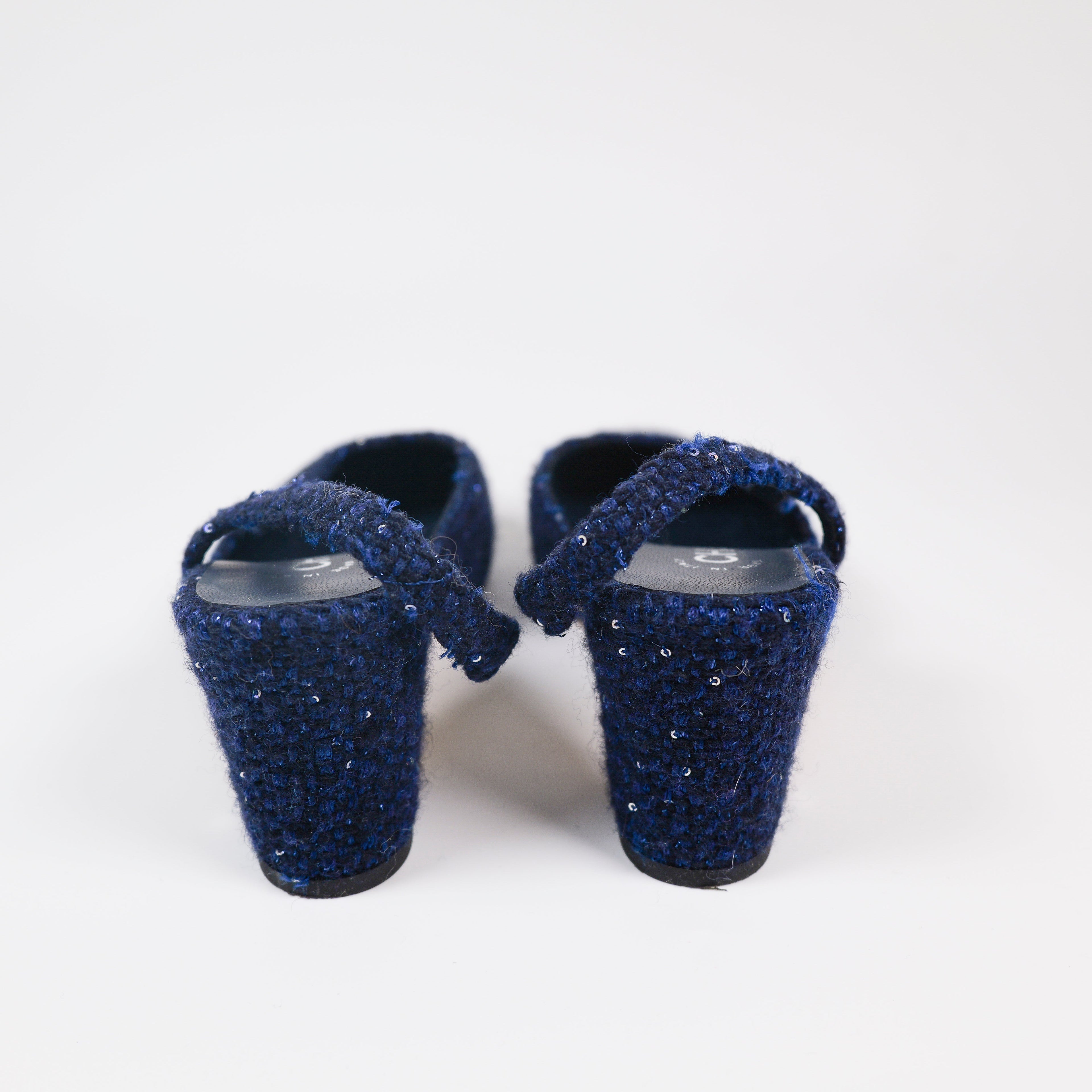 Chanel Navy Sequin Tweed Patent Cap Toe Slingback Pumps Size 36