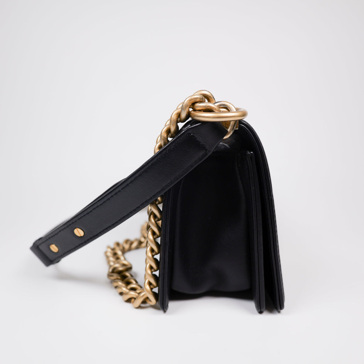 CHANEL Black Quilted Lambskin Small Boy Flap Bag with Aged Gold Hardware A67085
