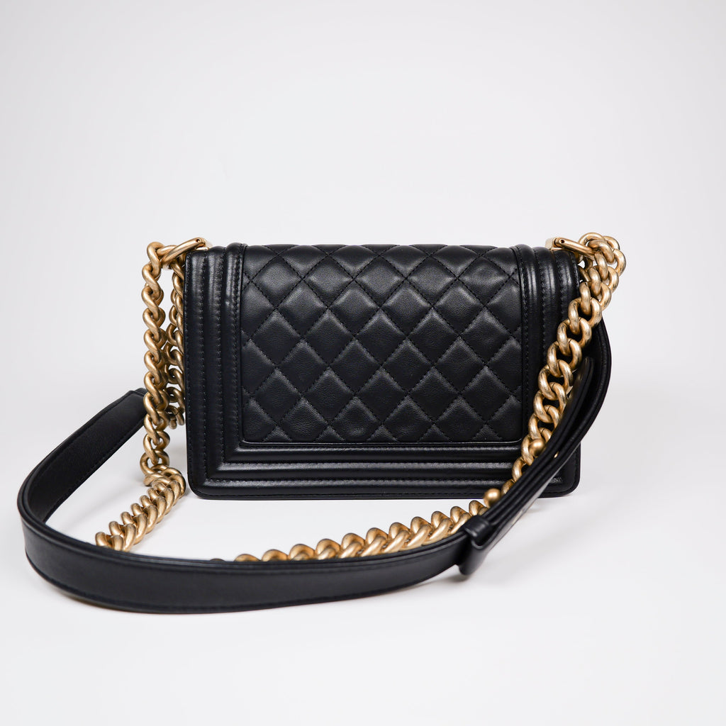 CHANEL Black Quilted Lambskin Small Boy Flap Bag with Aged Gold Hardware A67085