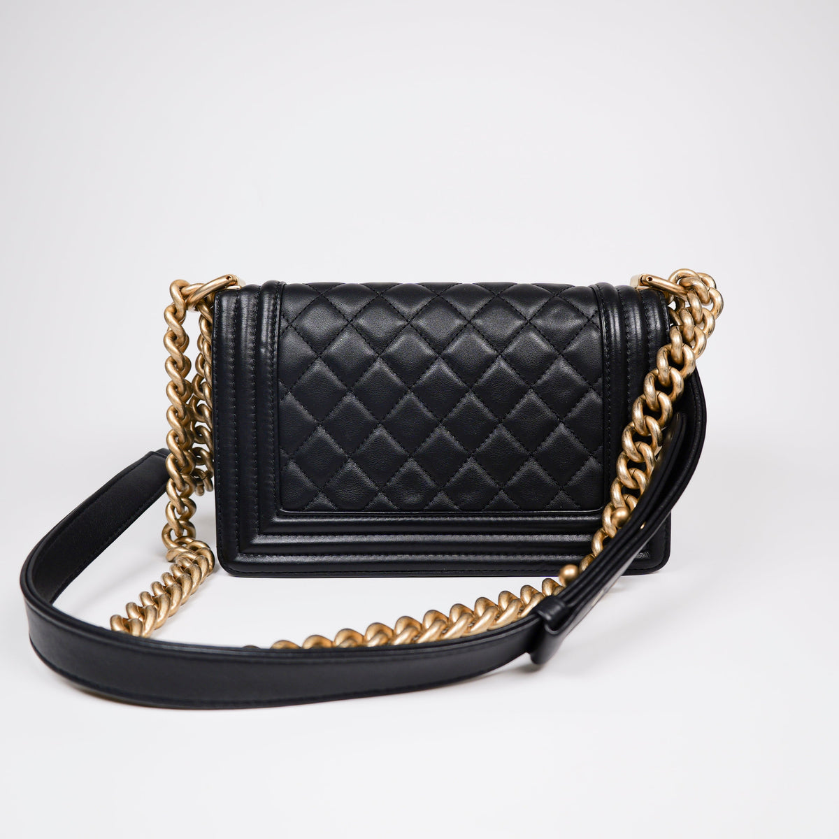 CHANEL Black Quilted Lambskin Small Boy Flap Bag with Aged Gold Hardware A67085