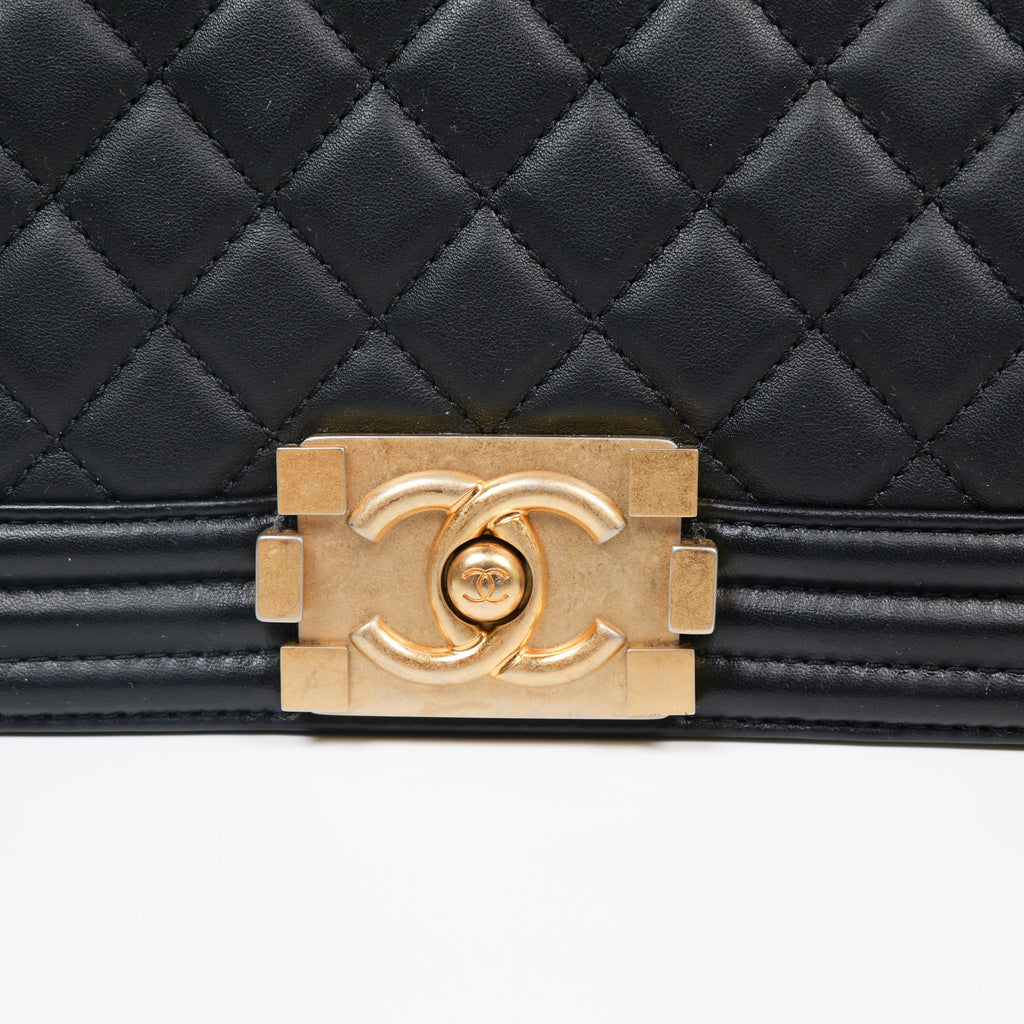 CHANEL Black Quilted Lambskin Small Boy Flap Bag with Aged Gold Hardware A67085