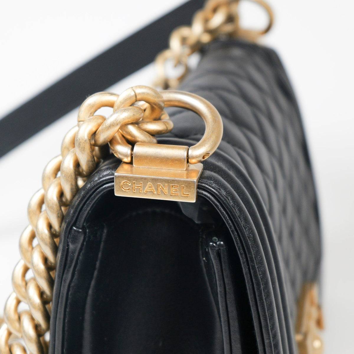 CHANEL Black Quilted Lambskin Small Boy Flap Bag with Aged Gold Hardware A67085
