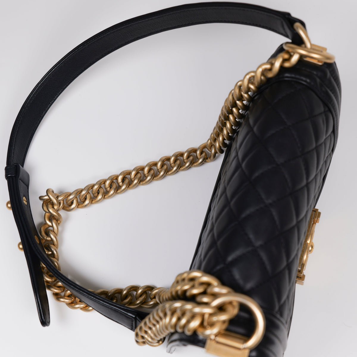 CHANEL Black Quilted Lambskin Small Boy Flap Bag with Aged Gold Hardware A67085
