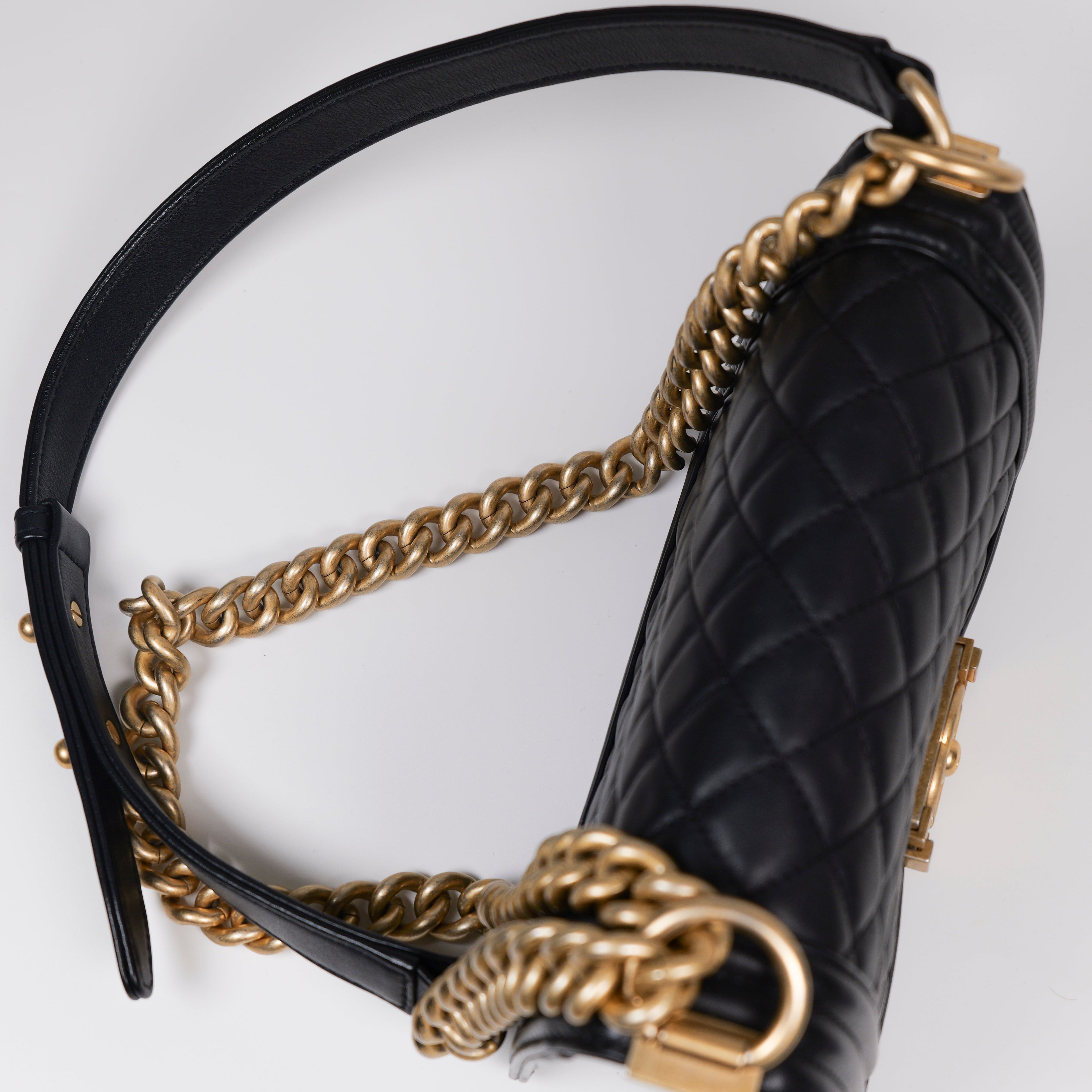 CHANEL Black Quilted Lambskin Small Boy Flap Bag with Aged Gold Hardware A67085
