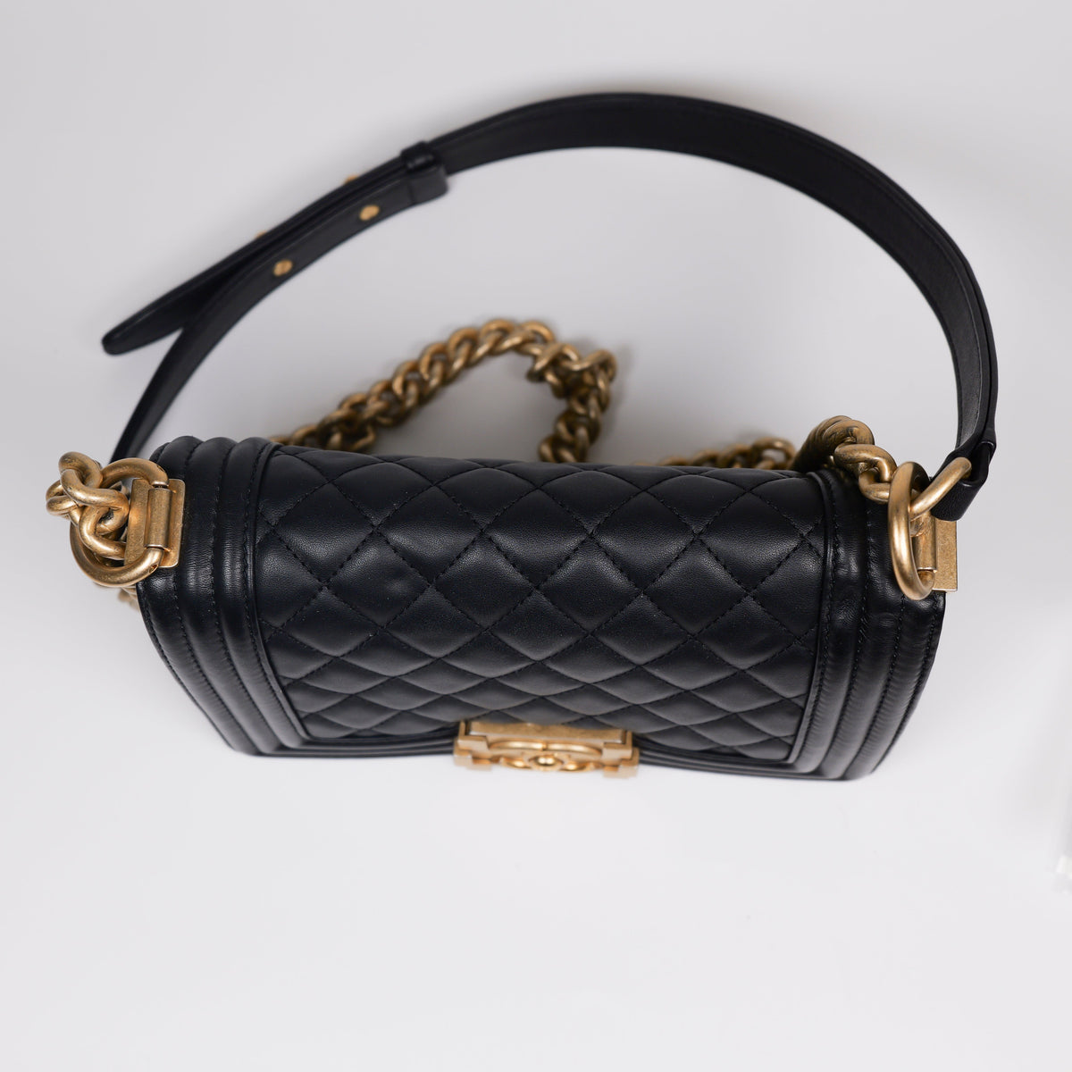 CHANEL Black Quilted Lambskin Small Boy Flap Bag with Aged Gold Hardware A67085