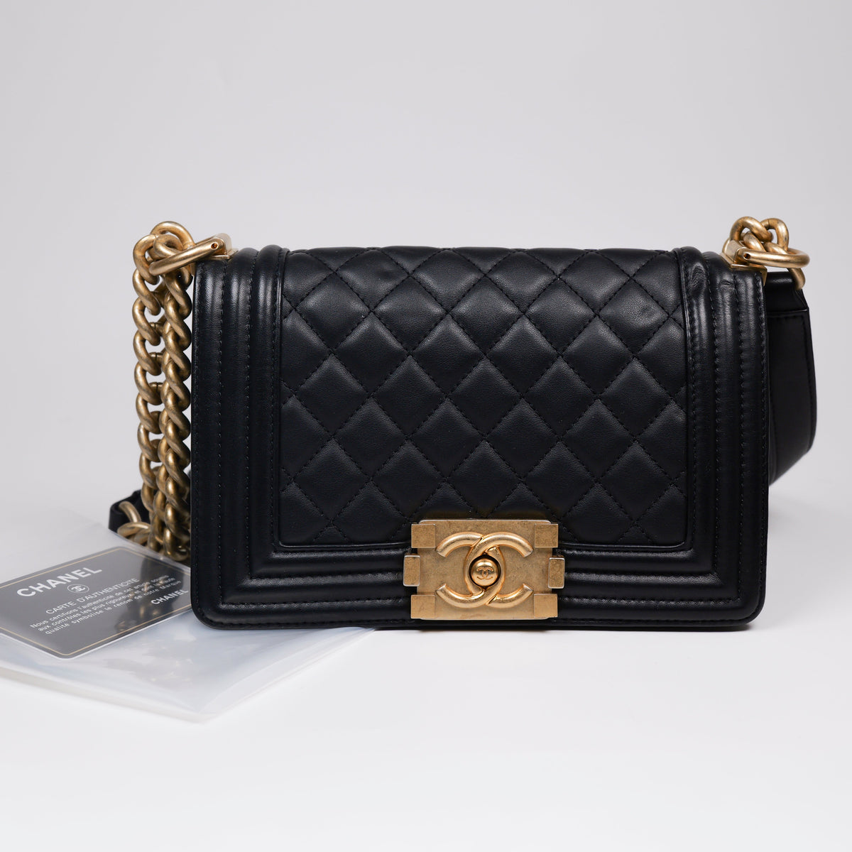 CHANEL Black Quilted Lambskin Small Boy Flap Bag with Aged Gold Hardware A67085