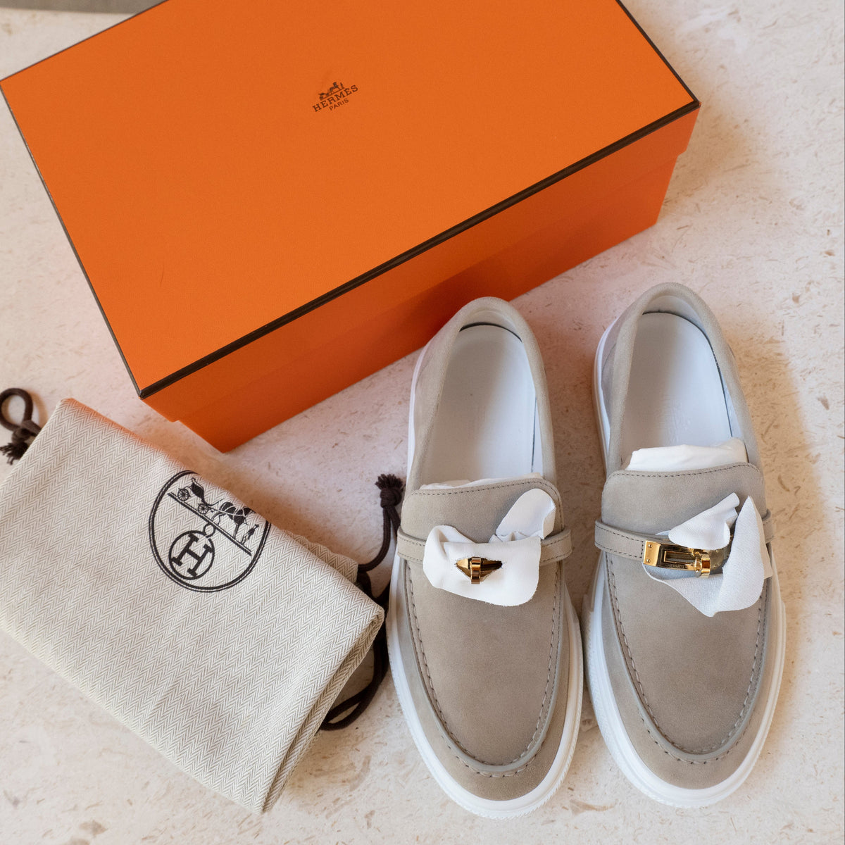 NEW Hermès Game Slip-On Sneaker Beige Esquisse Size 38 Full Set