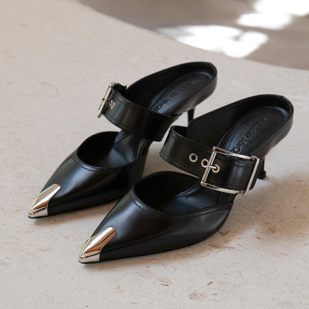 Alexander McQueen Punk Buckle Leather Mules Size 36