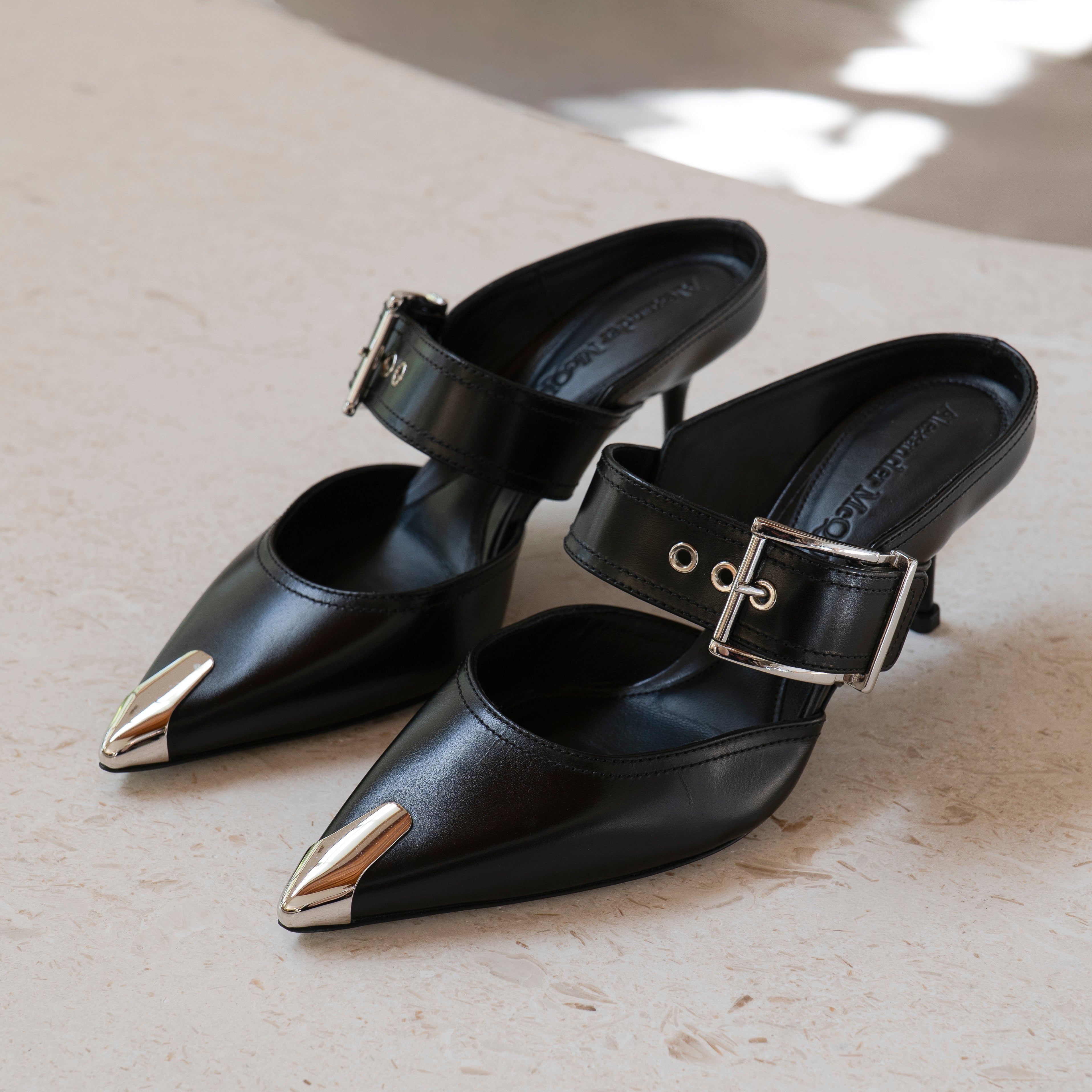 Alexander McQueen Punk Buckle Leather Mules Size 36