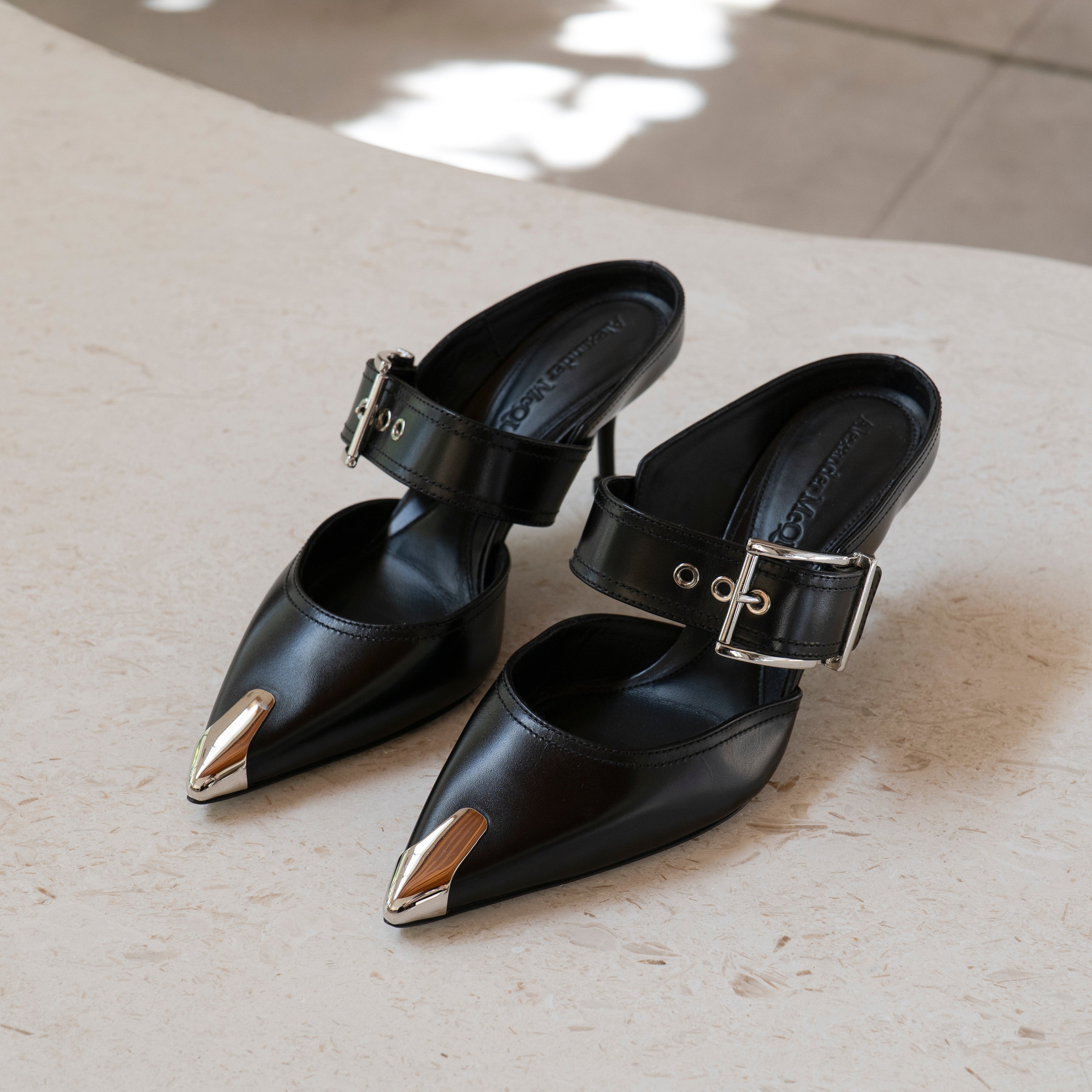 Alexander McQueen Punk Buckle Leather Mules Size 36