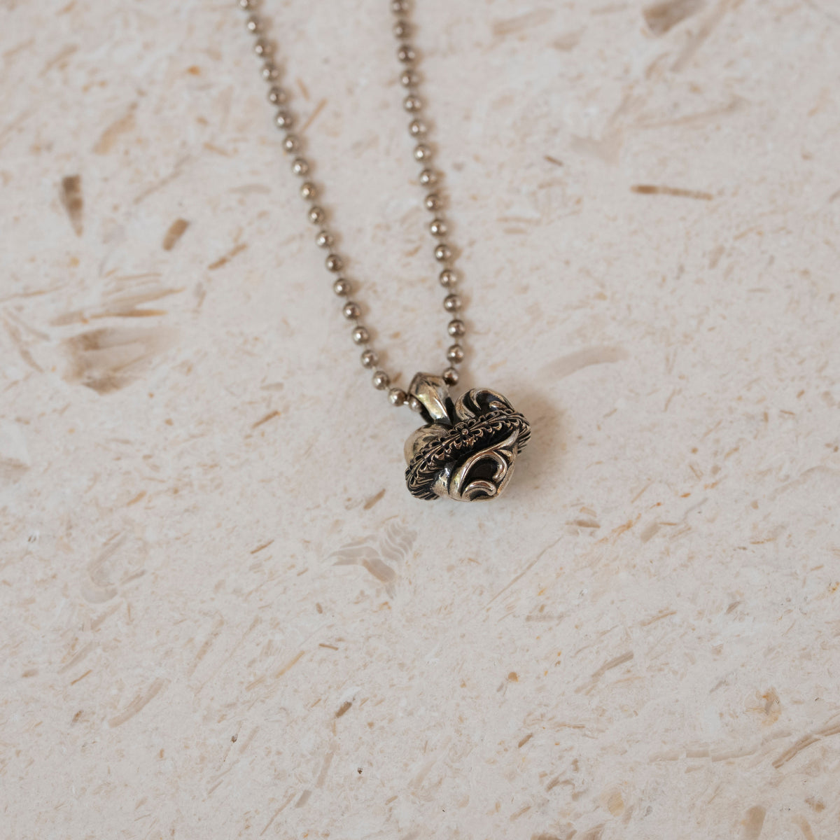Chrome Hearts Heart Orbit Charm Pendant with Silver Ball Chain Necklace