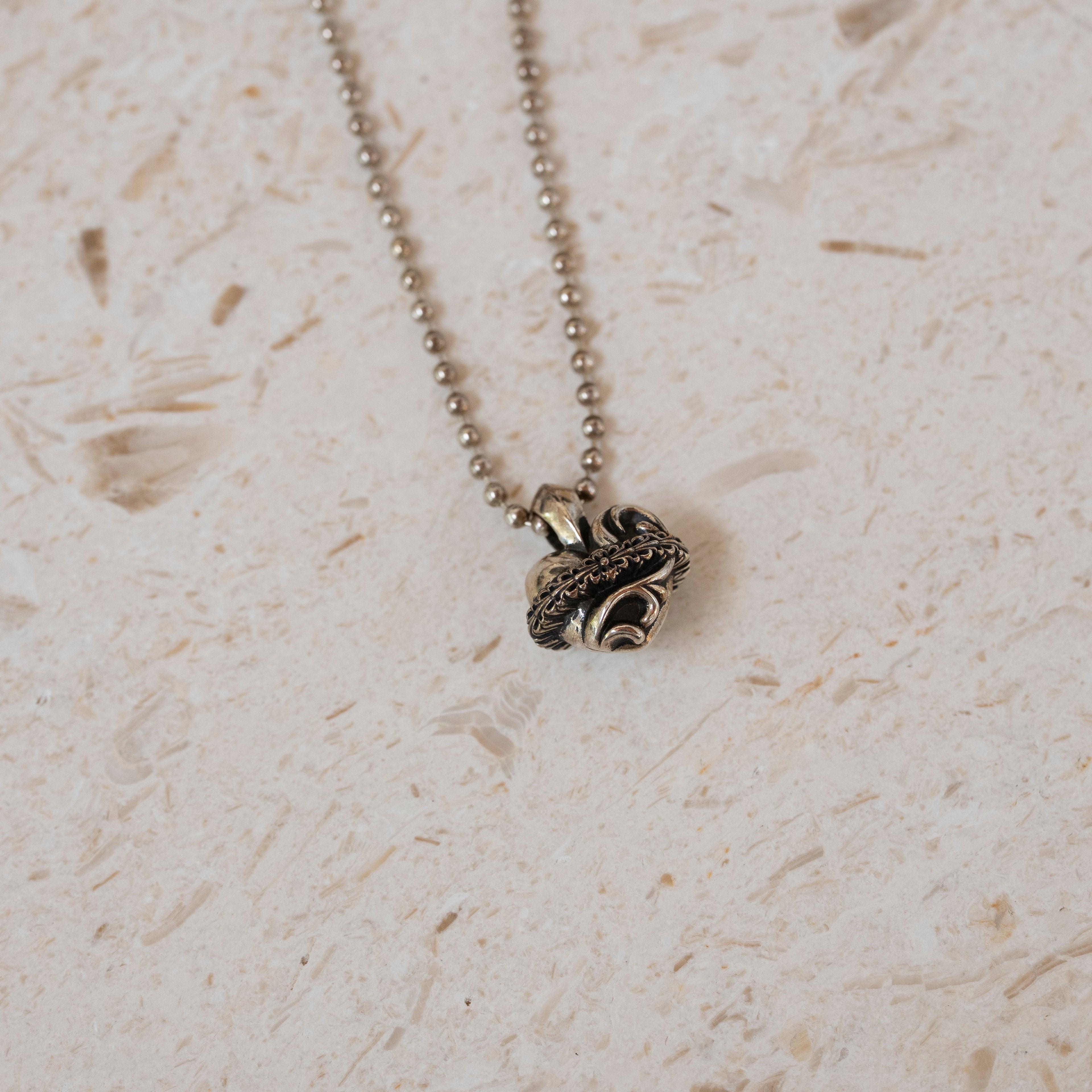 Chrome Hearts Heart Orbit Charm Pendant with Silver Ball Chain Necklace