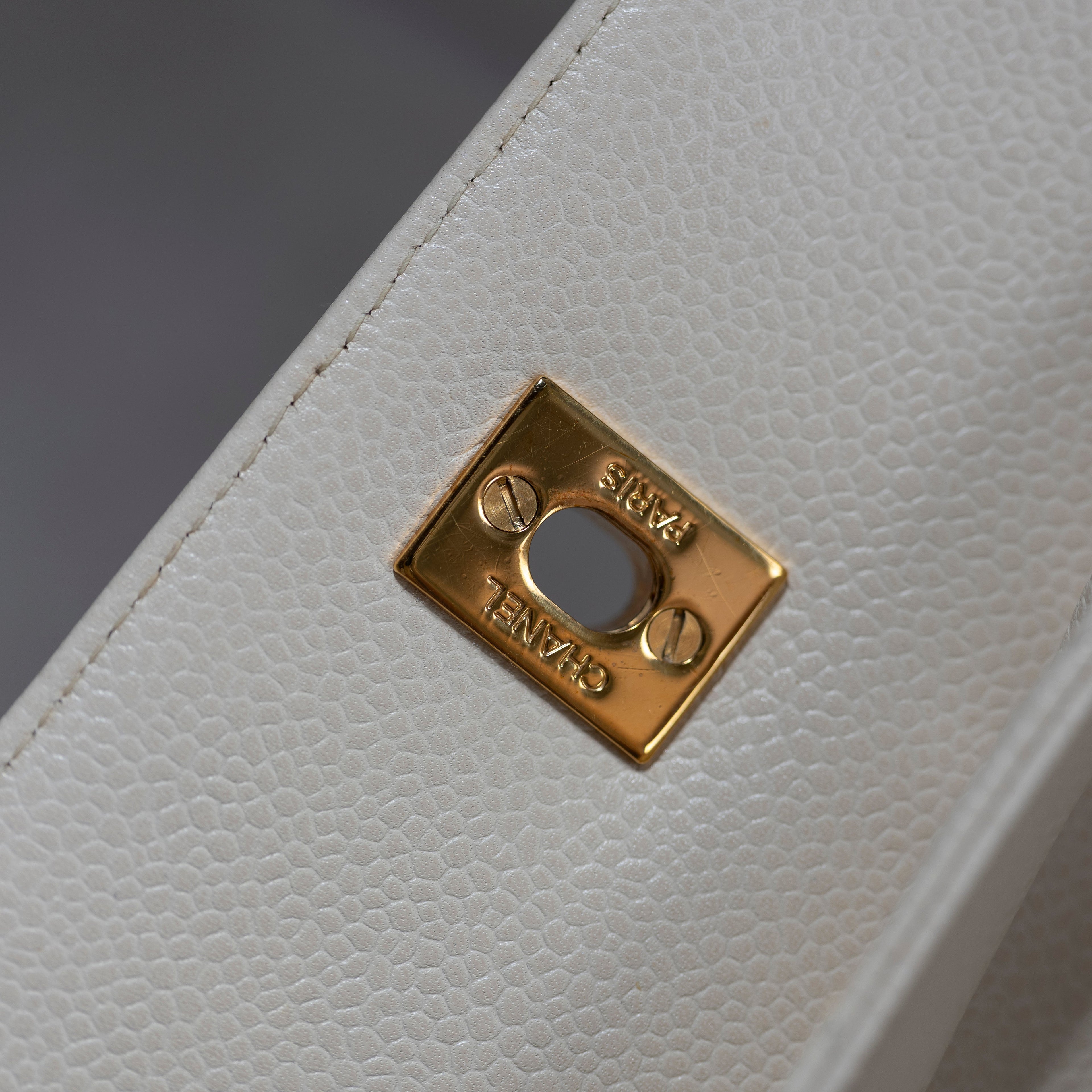CHANEL Vintage Ivory Quilted Caviar CC Turn Lock Flap Bag 24K GHW