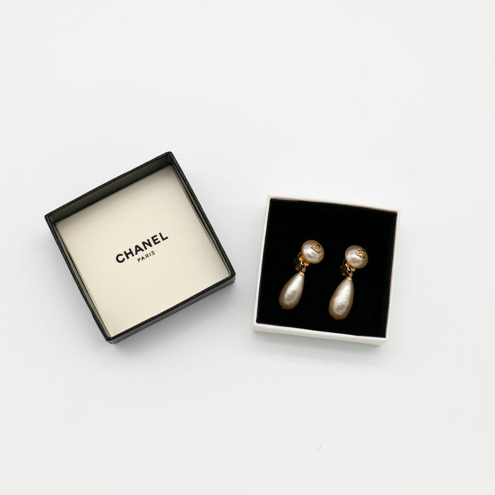 CHANEL Vintage Gold-Plated CC Faux Pearl Drop Clip-On Earrings 1993