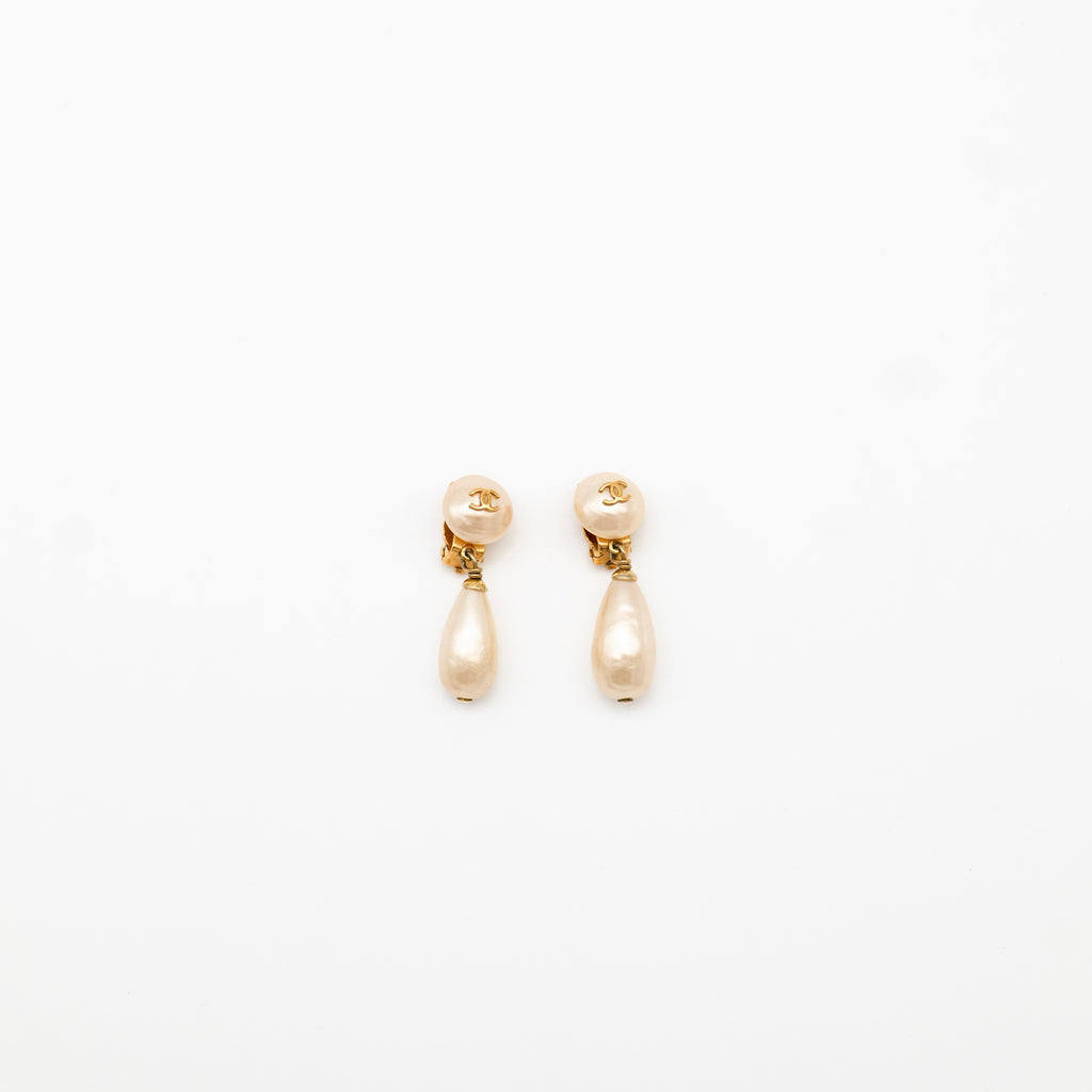 CHANEL Vintage Gold-Plated CC Faux Pearl Drop Clip-On Earrings 1993