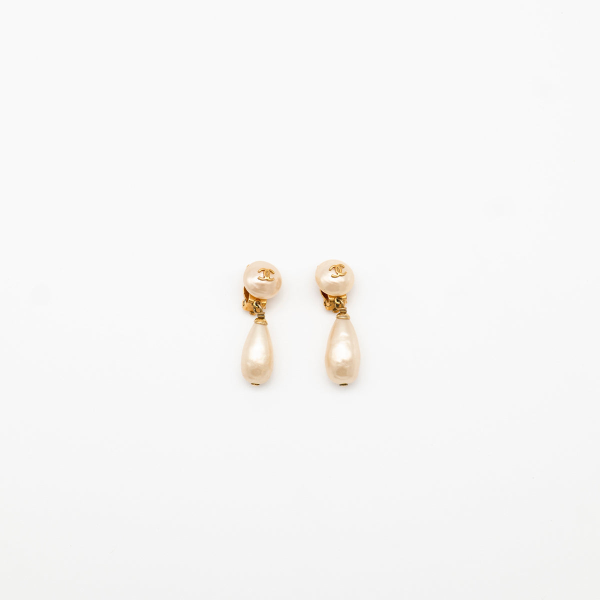 CHANEL Vintage Gold-Plated CC Faux Pearl Drop Clip-On Earrings 1993