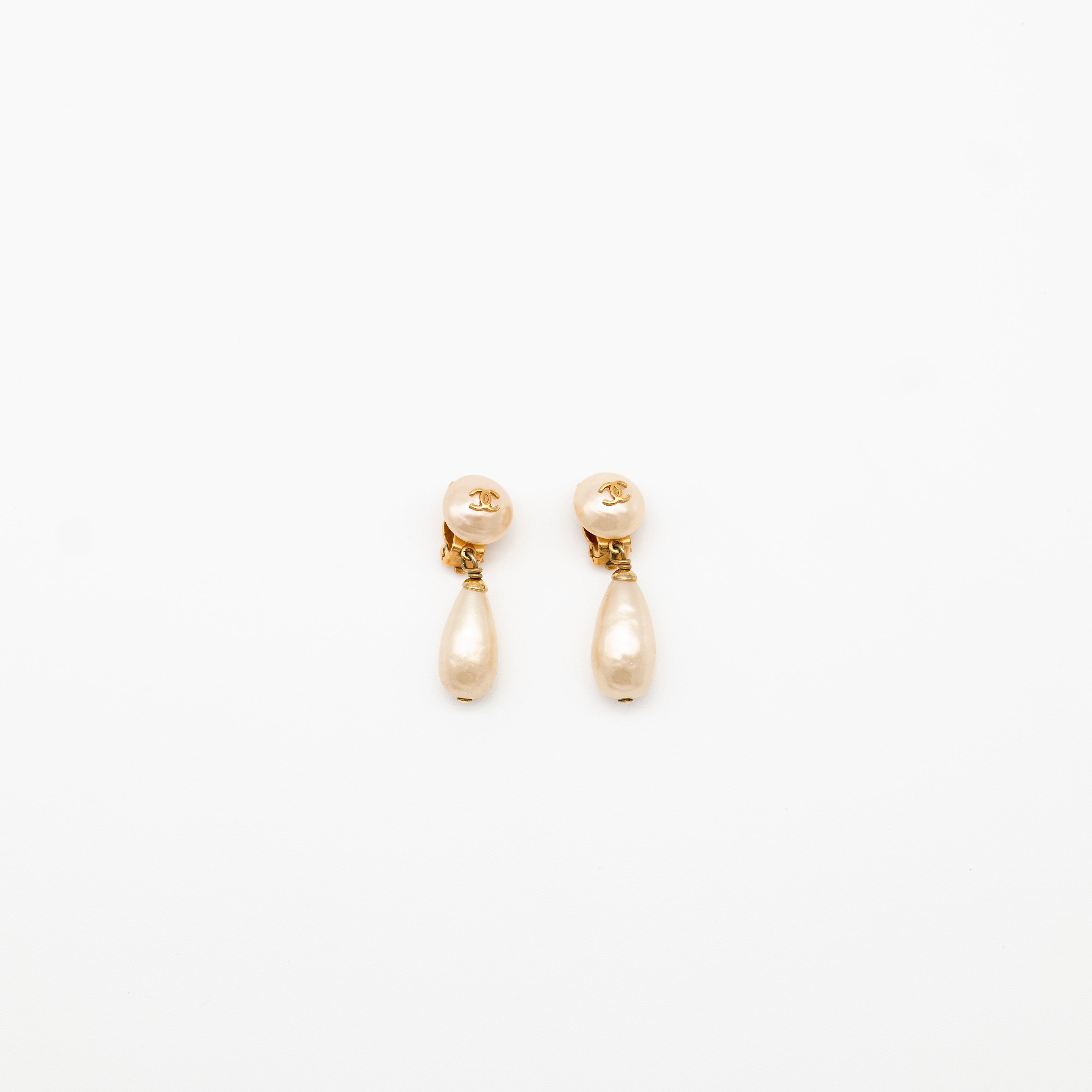 CHANEL Vintage Gold-Plated CC Faux Pearl Drop Clip-On Earrings 1993