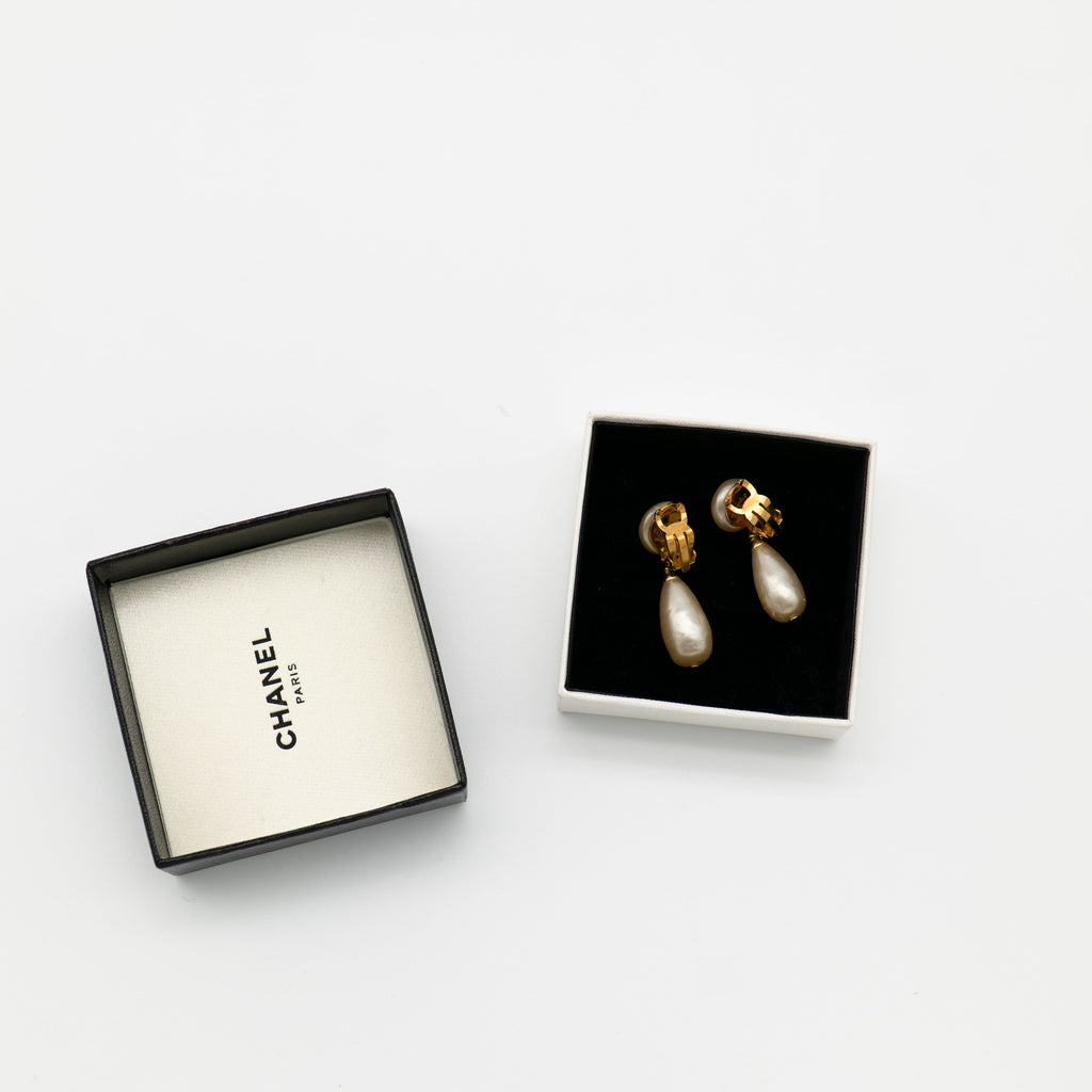 CHANEL Vintage Gold-Plated CC Faux Pearl Drop Clip-On Earrings 1993