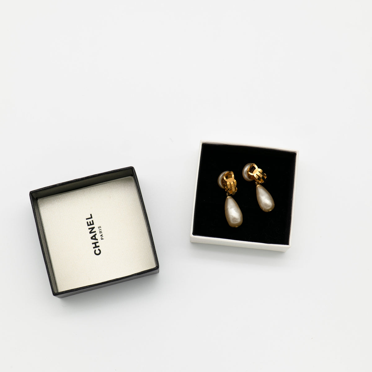 CHANEL Vintage Gold-Plated CC Faux Pearl Drop Clip-On Earrings 1993