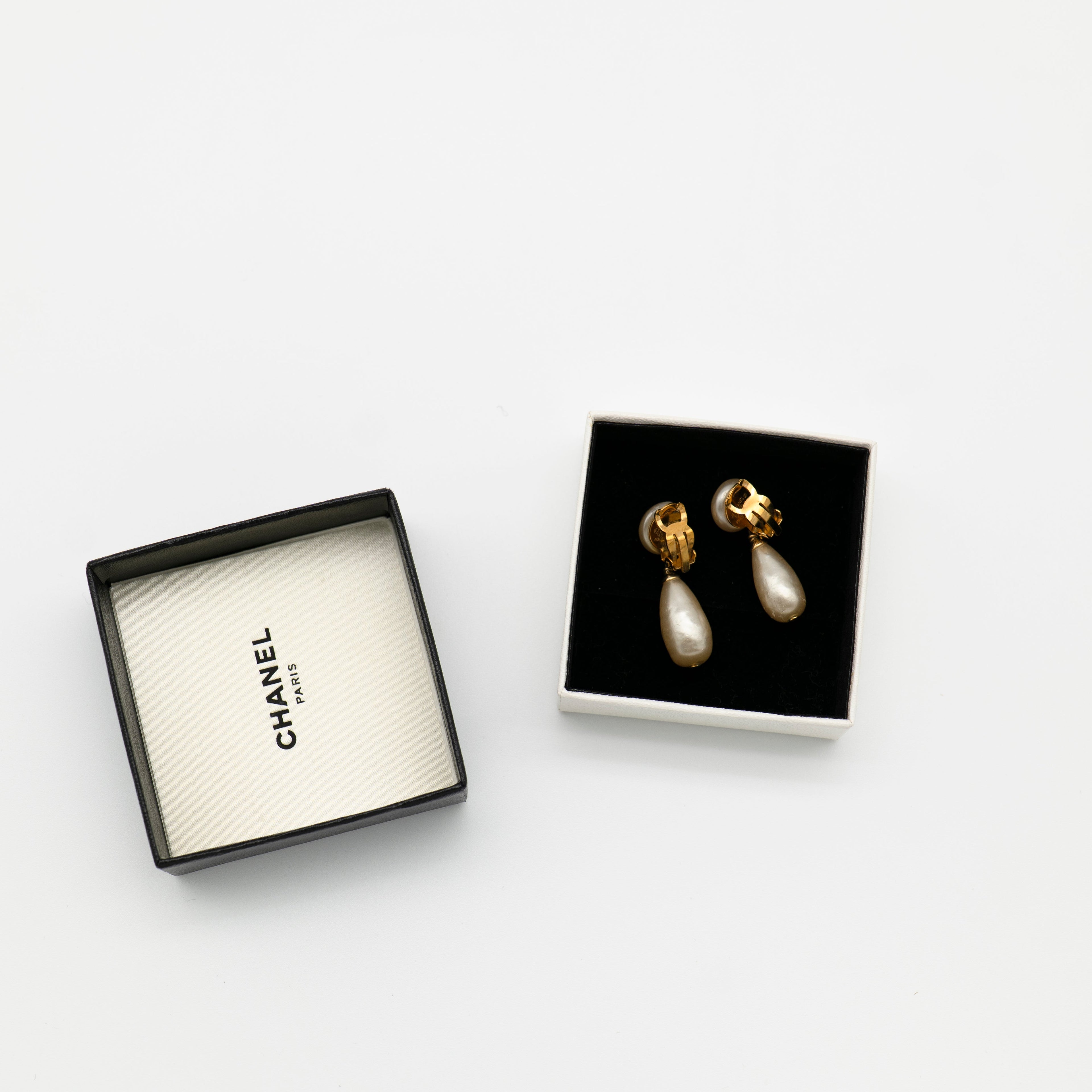 CHANEL Vintage Gold-Plated CC Faux Pearl Drop Clip-On Earrings 1993