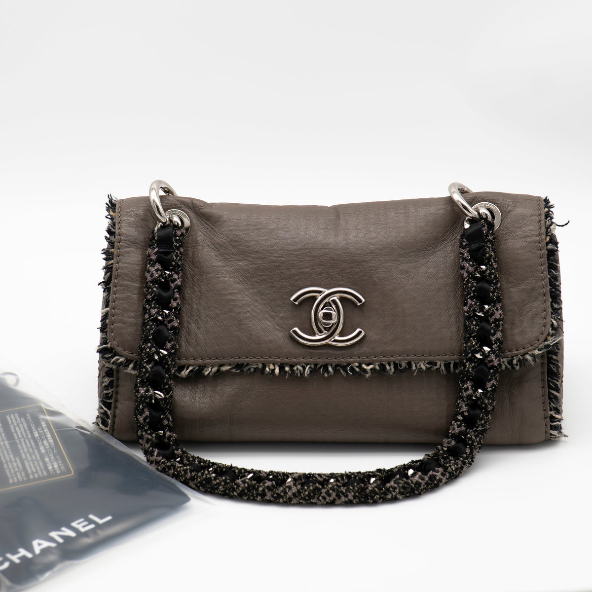 CHANEL Limited Edition Taupe Leather and Tweed Single Flap Bag SHW