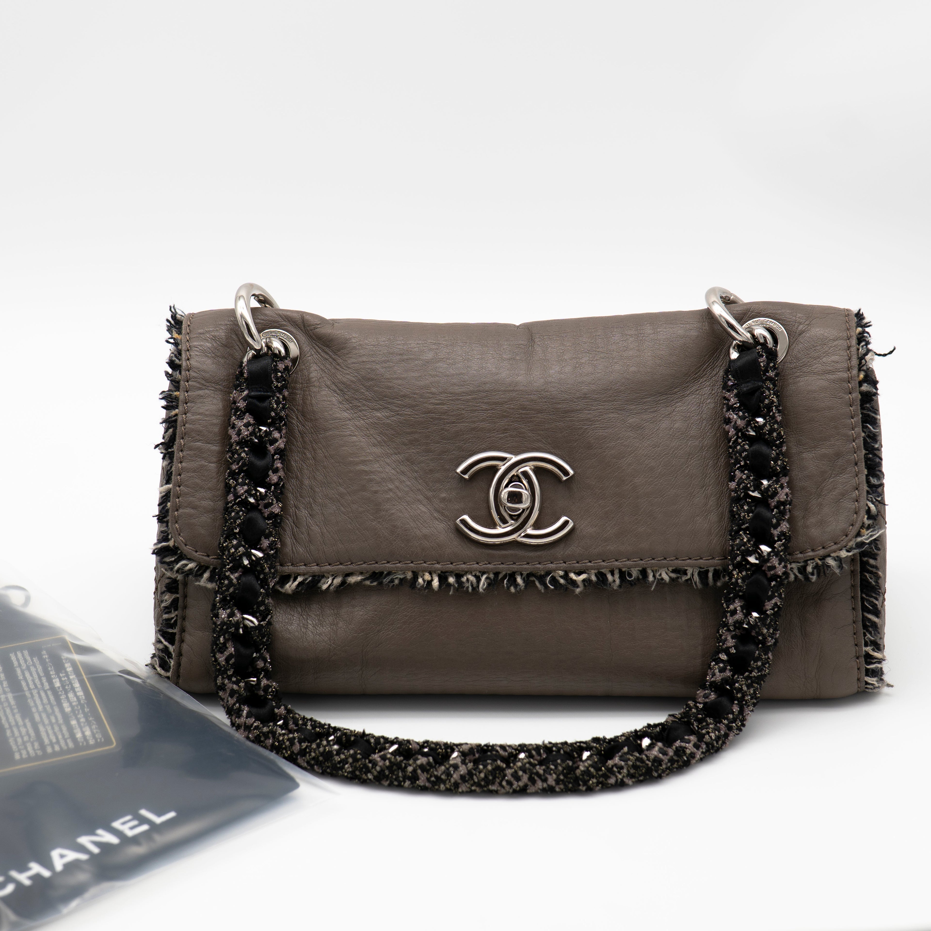 CHANEL Limited Edition Taupe Leather and Tweed Single Flap Bag SHW