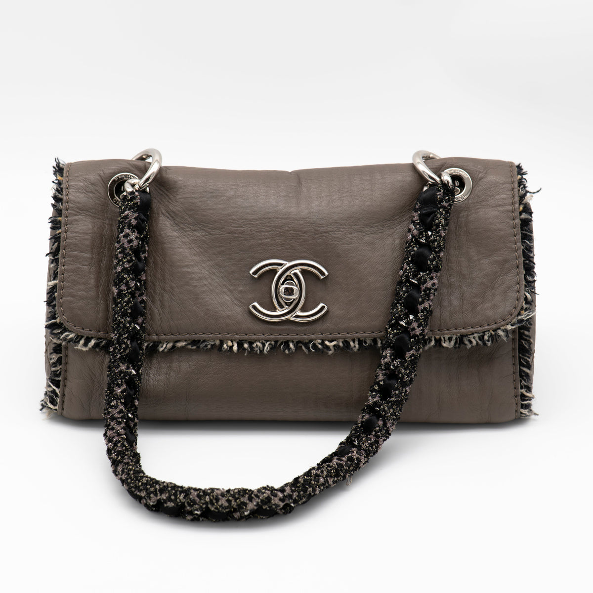 CHANEL Limited Edition Taupe Leather and Tweed Single Flap Bag SHW