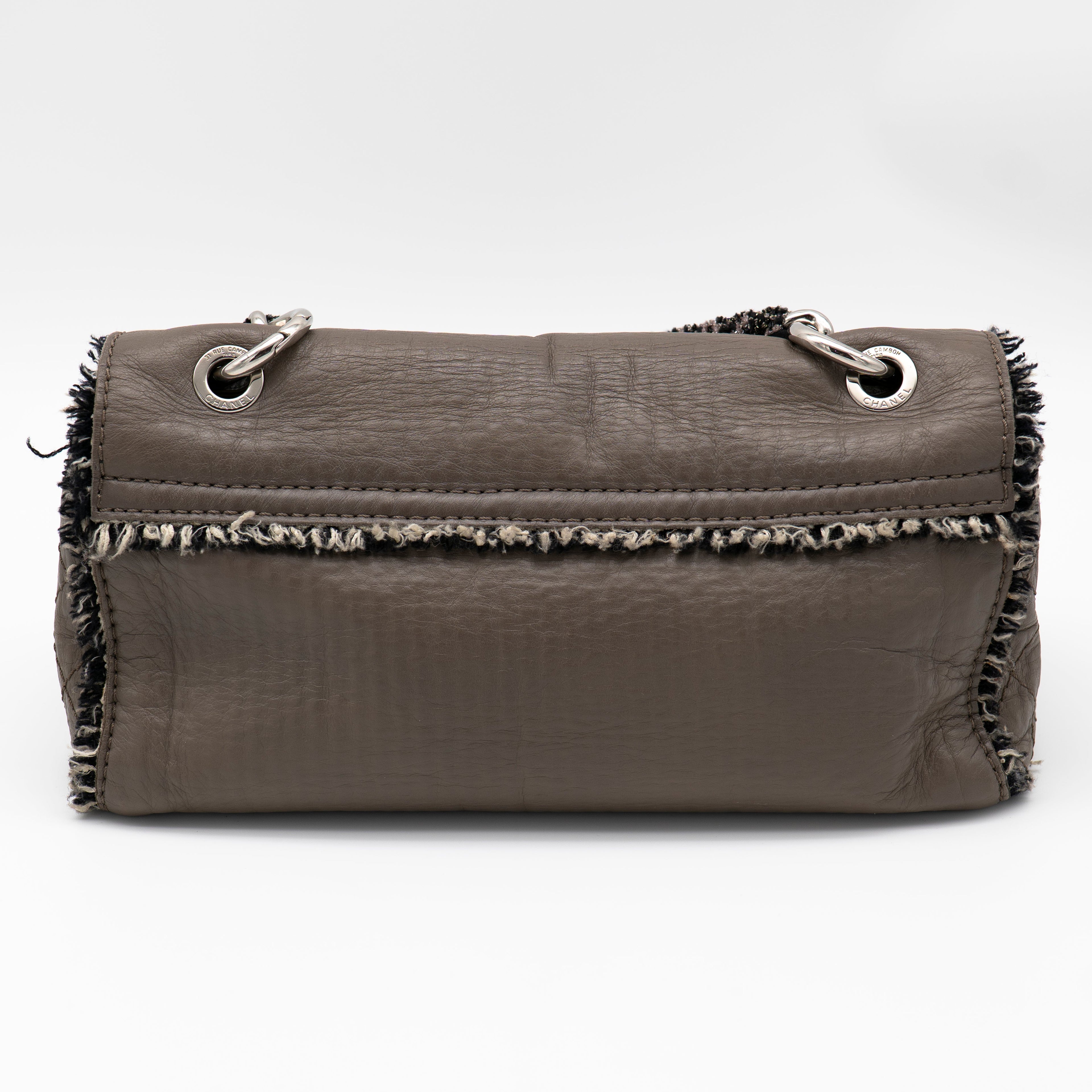 CHANEL Limited Edition Taupe Leather and Tweed Single Flap Bag SHW