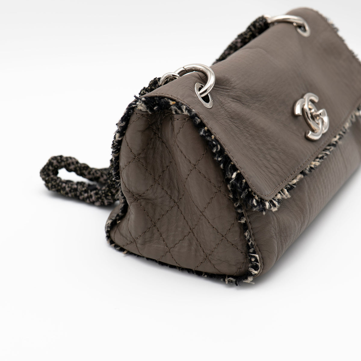 CHANEL Limited Edition Taupe Leather and Tweed Single Flap Bag SHW