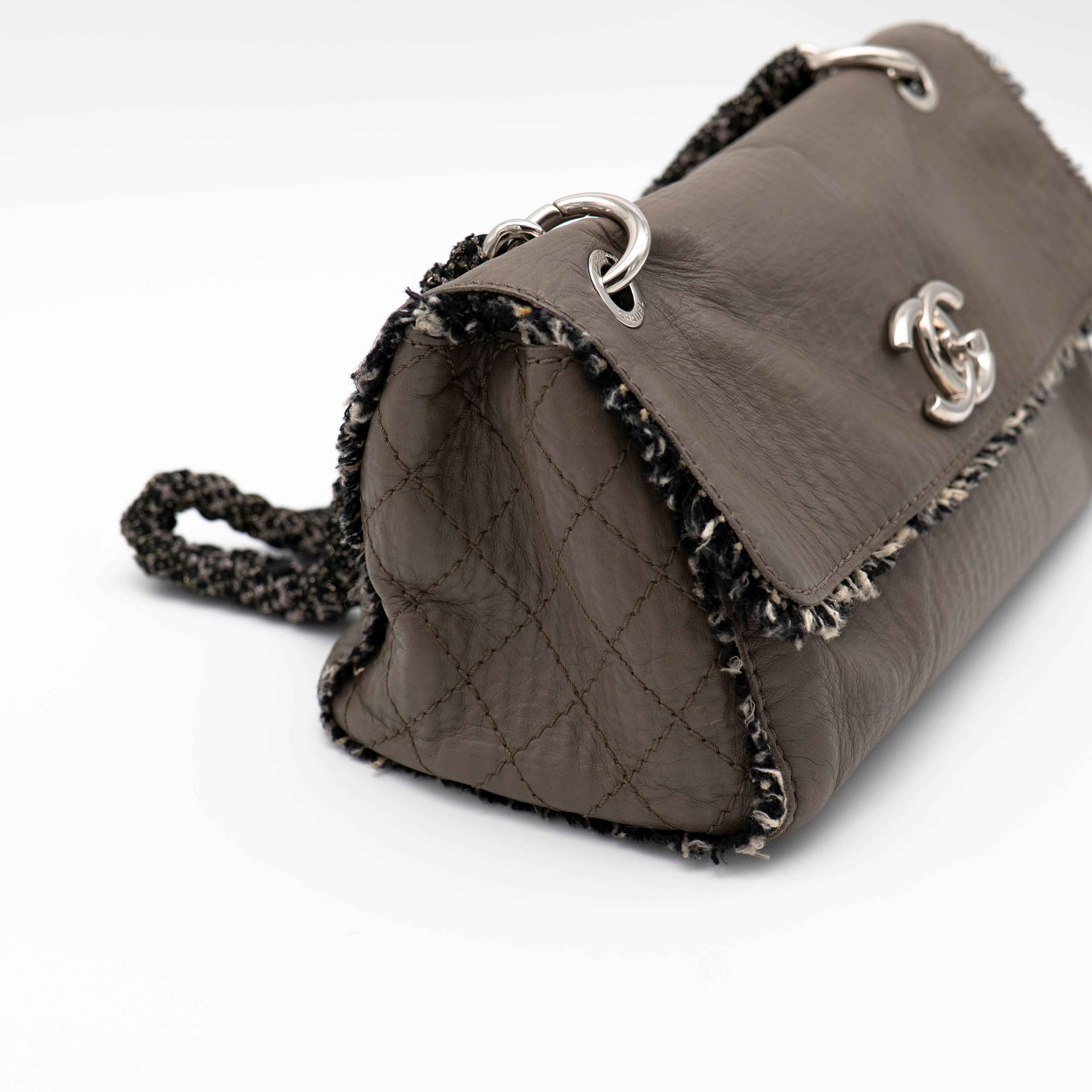 CHANEL Limited Edition Taupe Leather and Tweed Single Flap Bag SHW