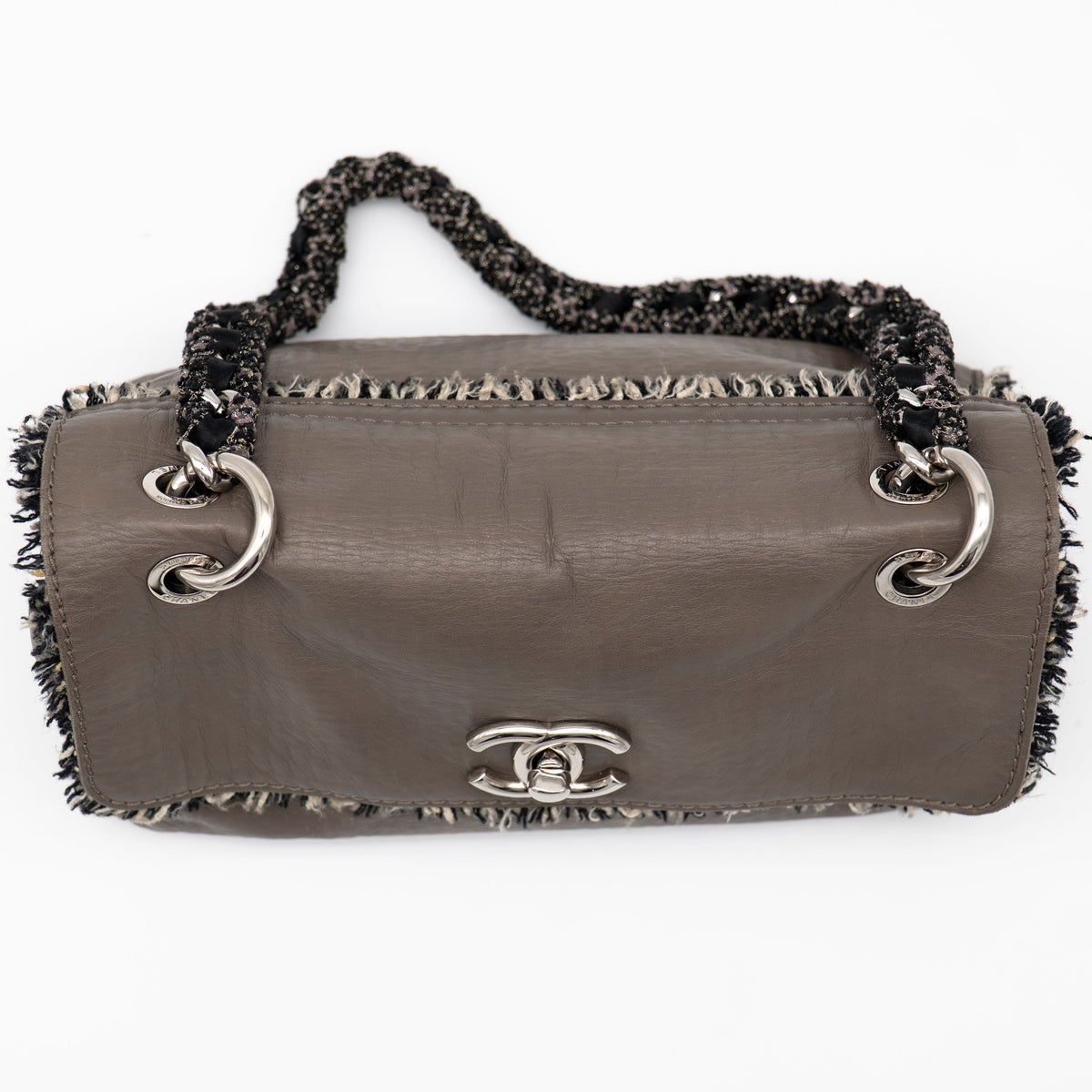 CHANEL Limited Edition Taupe Leather and Tweed Single Flap Bag SHW