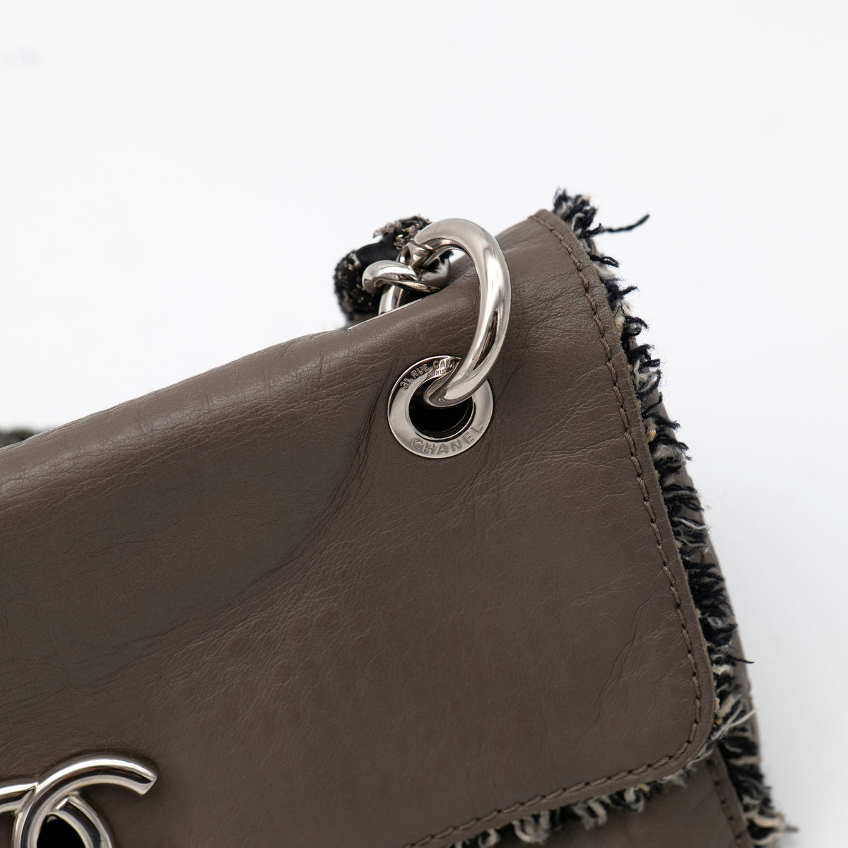 CHANEL Limited Edition Taupe Leather and Tweed Single Flap Bag SHW