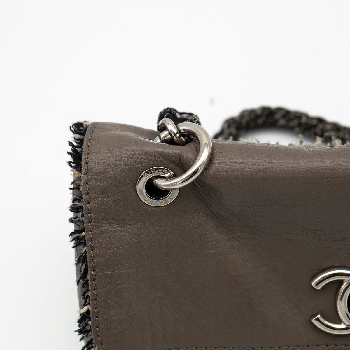 CHANEL Limited Edition Taupe Leather and Tweed Single Flap Bag SHW