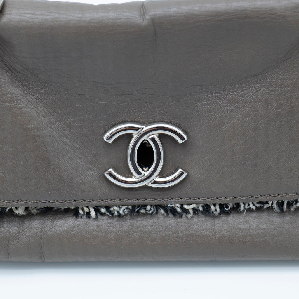 CHANEL Limited Edition Taupe Leather and Tweed Single Flap Bag SHW