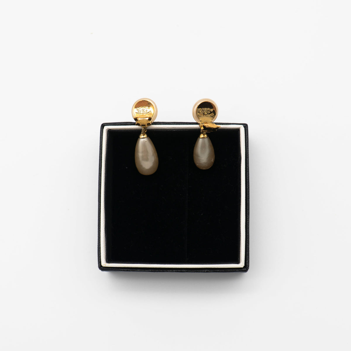 CHANEL Vintage Gold-Plated CC Faux Pearl Drop Clip-On Earrings 1993