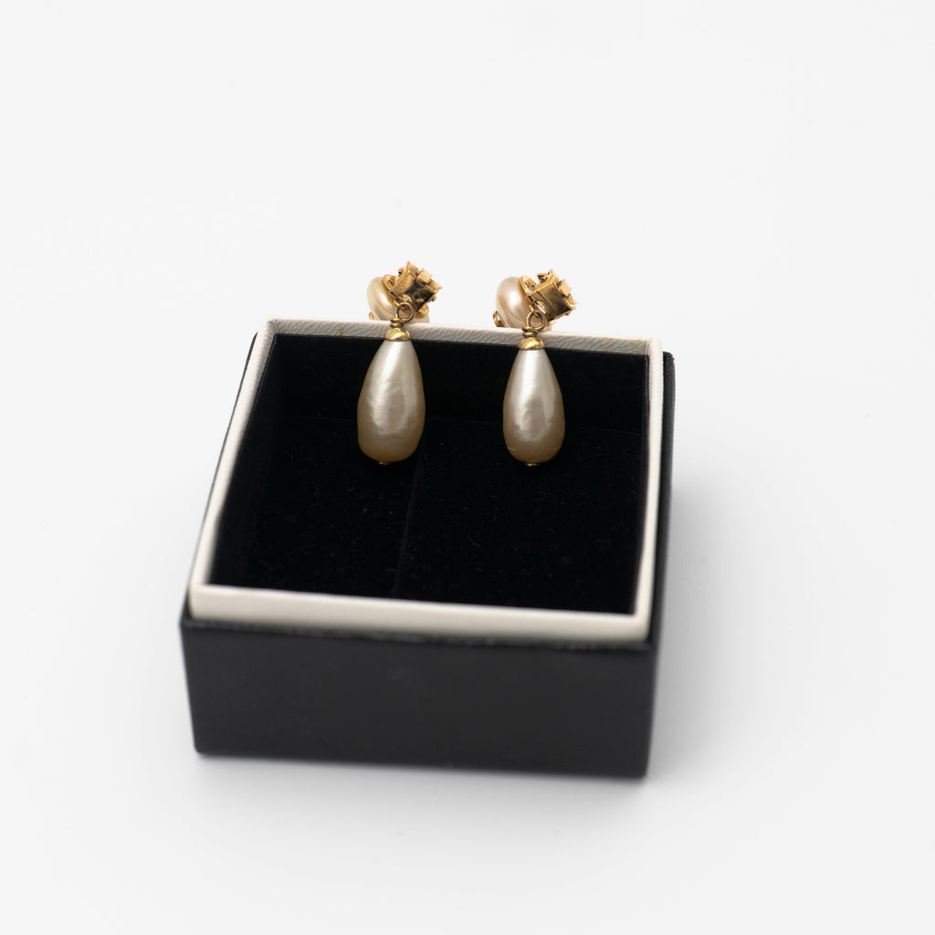 CHANEL Vintage Gold-Plated CC Faux Pearl Drop Clip-On Earrings 1993