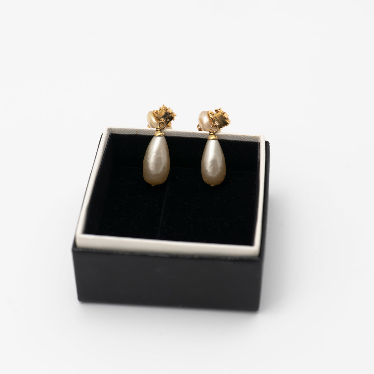 CHANEL Vintage Gold-Plated CC Faux Pearl Drop Clip-On Earrings 1993