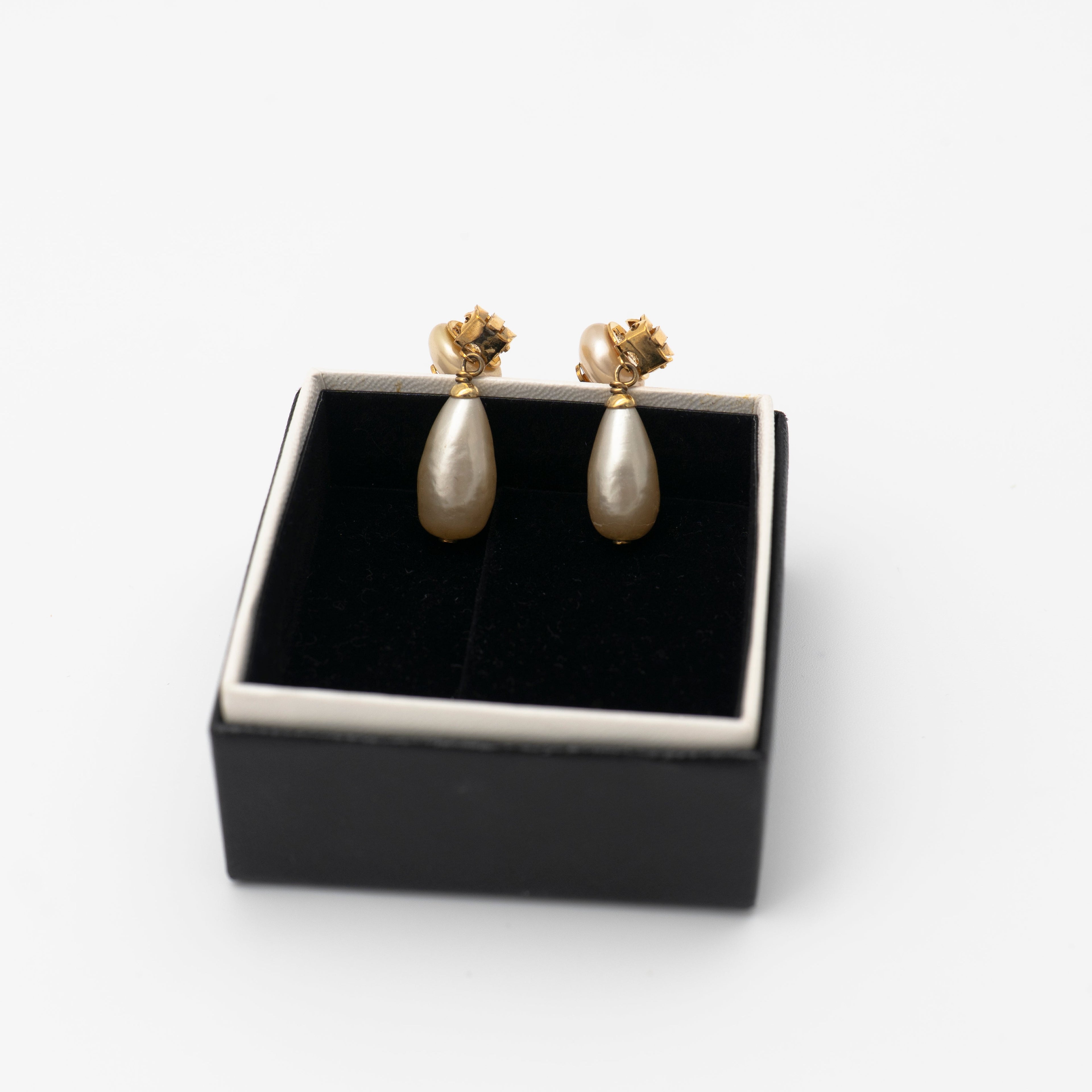 CHANEL Vintage Gold-Plated CC Faux Pearl Drop Clip-On Earrings 1993