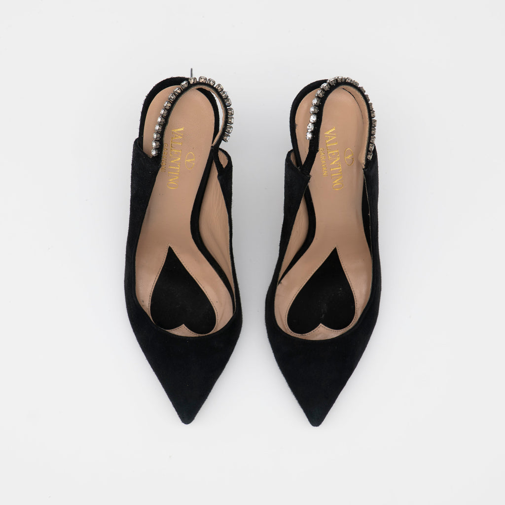 Valentino Garavani Suede Crystal Embellished Slingback Pumps Size 36